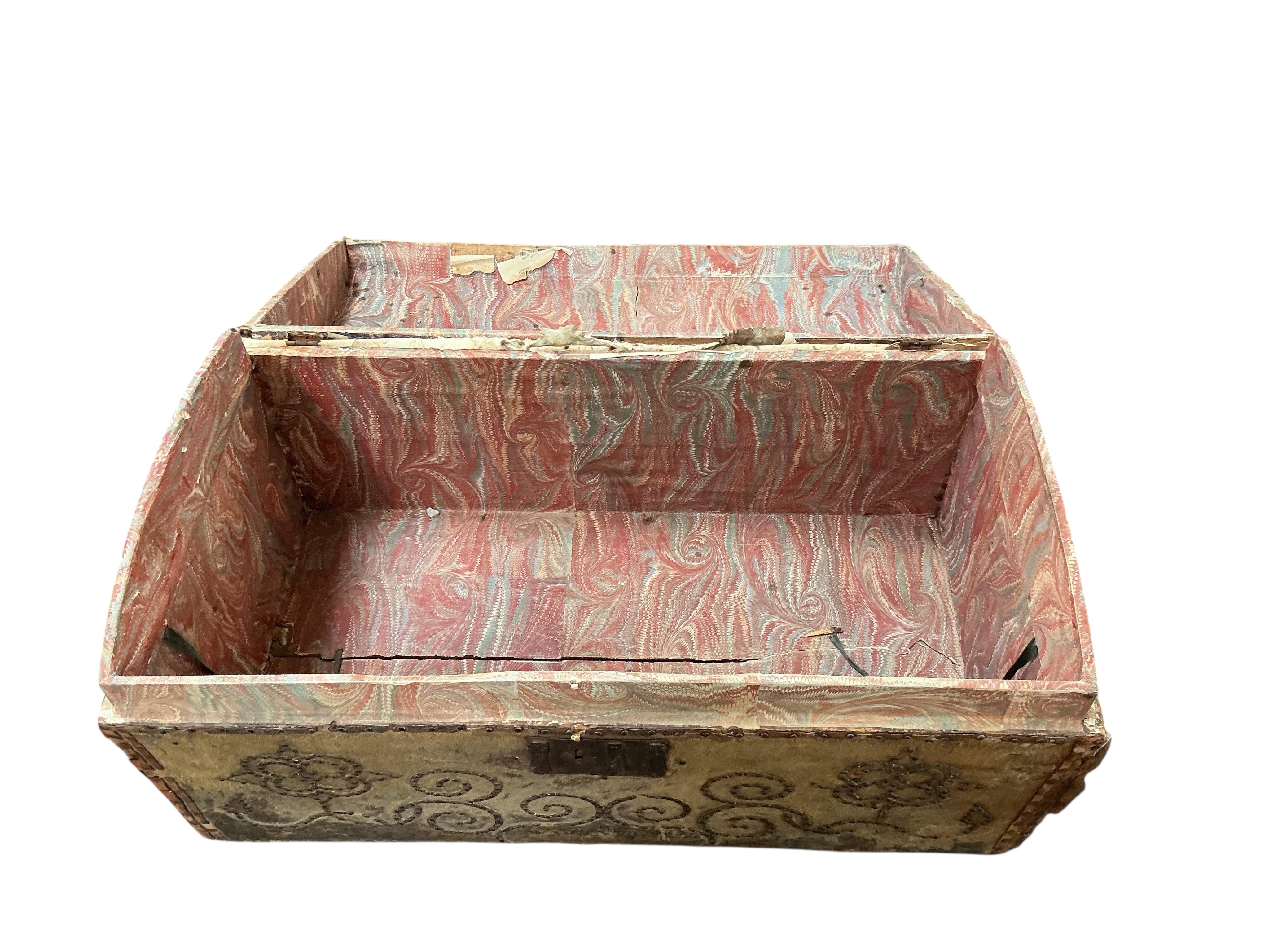 An 18th century domed pony skin trunk with stud work decoration, width 95cm, depth 50cm, height 47cm